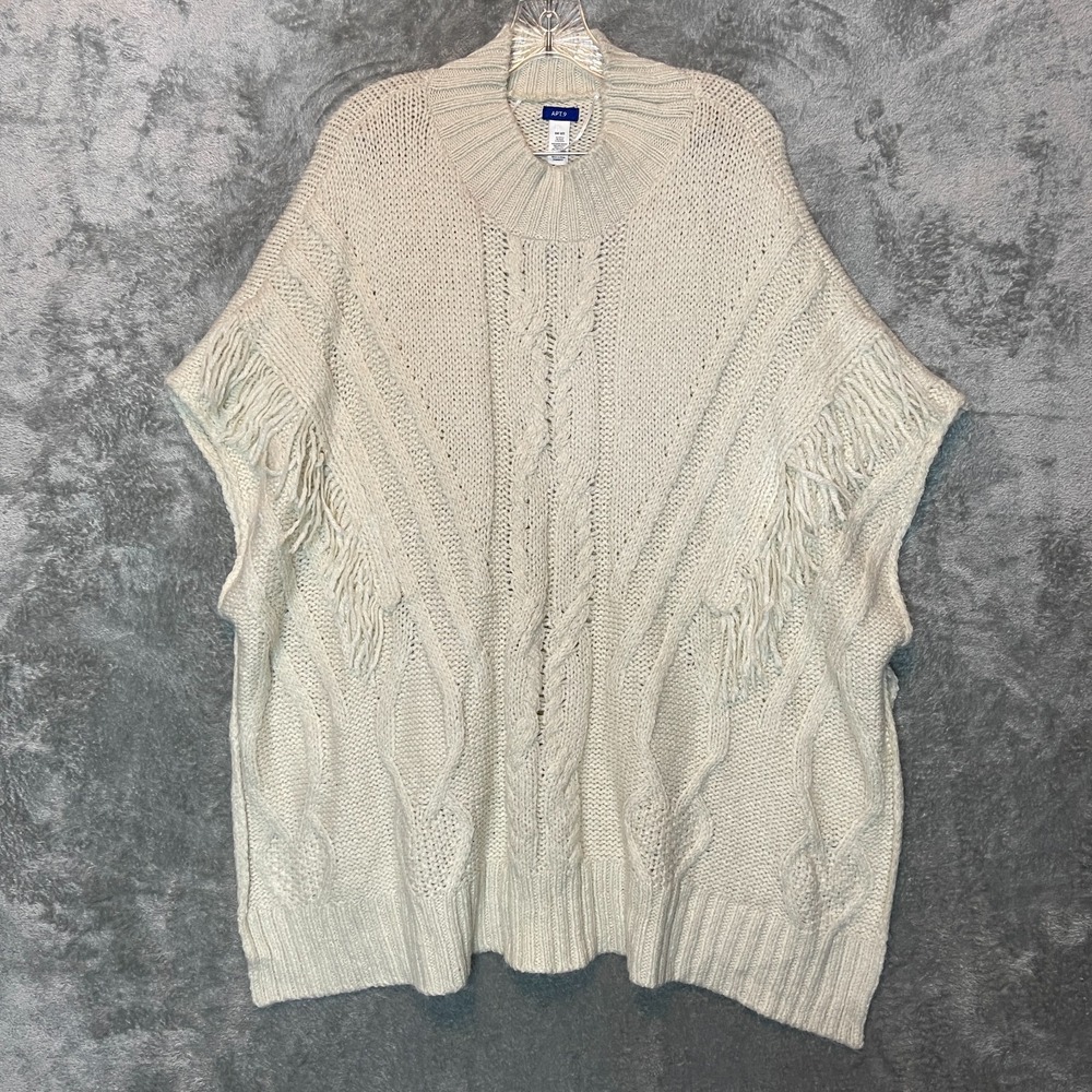 Apt 9 Women Cream Fringe Cable Chunky Knit Pullover Poncho Dolman Sweater OS